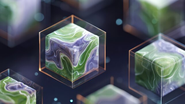 Abstract Cubes with Marbled Texture: A collection of translucent cubes, each containing a unique swirling marbled pattern of green and purple, are arranged in a dark, abstract space.