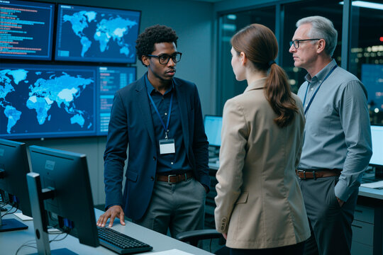 Medium shot of diverse business team discussing cybersecurity data in monitoring center, reviewing global network activity and risk response. For IT operations, threat management, corporate security