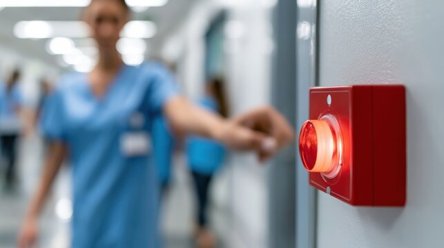 Healthcare worker presses emergency alert button in corridor