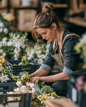 Florist inspecting fresh flower delivery at receiving table
