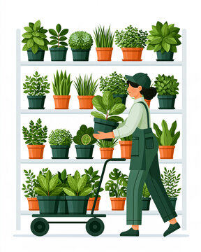 Worker restocking potted plants on nursery retail shelves