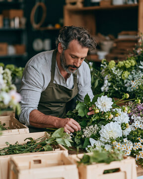 Florist inspecting fresh flower delivery at receiving table