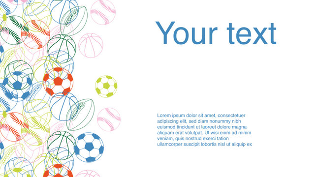 Modern sports banner template featuring colorful soccer, basketball, baseball, football and volleyball balls with large copy space for text. Vector layout for advertising, promotions, sports events an