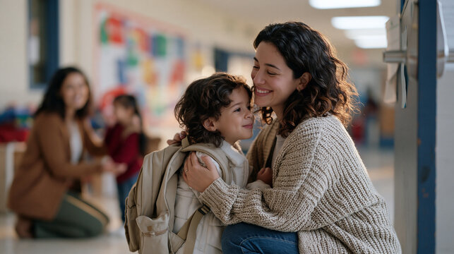 Kindergarten morning drop off scene with a young mother crouching to hug a hesitant child at a classroom door, backpack straps visible, a kind teacher kneeling nearby welcoming
