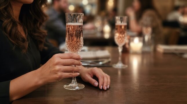 Elegant Evening Toast with Sparkling Ros�? Champagne in a Refined Restaurant Setting for Sophisticated Social Celebrations and Fine Dining
