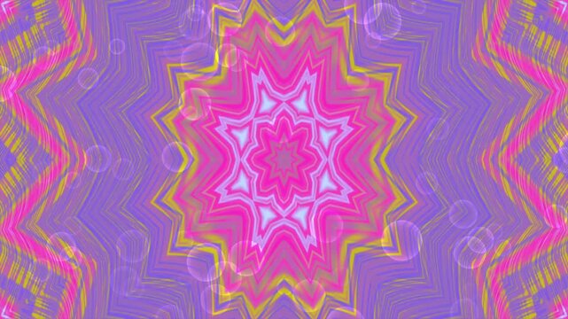 Abstract kaleidoscopic background with vibrant pink and purple geometric patterns and floating bubbles.