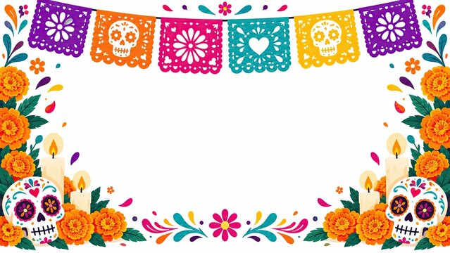 Colorful D&iacute;a de los Muertos floral border with papel picado banners, sugar skulls, marigolds, candles, and a blank white center.