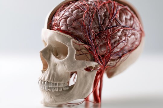 Detailed medical illustration of human skull revealing brain anatomy and complex network of blood vessels for educational and scientific use