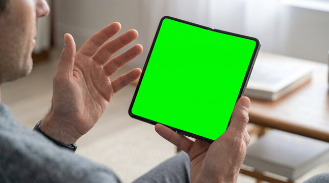 Man Hand Holding a Modern Smartphone in a Living Room