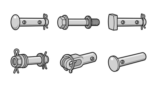 Fasteners including clevis pins and bolts are displayed in a technical illustration set for engineering applications.