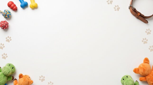 Flat lay frame of colorful pet toys collar and paw prints on a white background