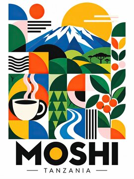 Colorful geometric illustration of Mount Kilimanjaro, African landscapes, coffee, wildlife-inspired foliage, and the word MOSHI TANZANIA.