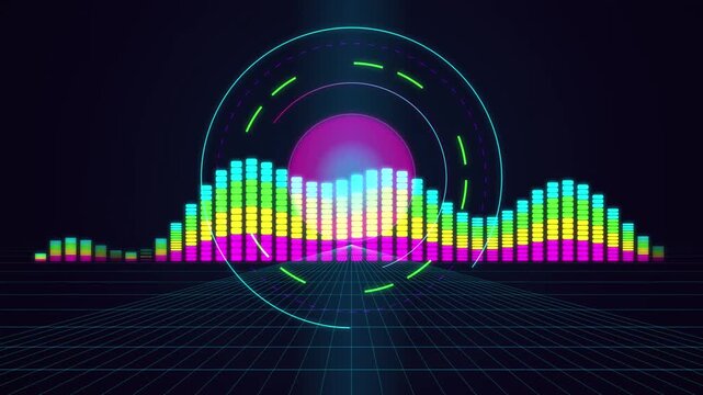 Neon Digital Sound Wave Graphic Visualizer Overlay with Circular HUD Elements on Dark Gridded Floor