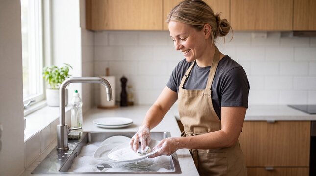 Woman washing ceramic dinner plates in kitchen