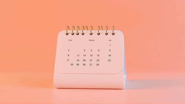 Minimalist desk calendar displays months May, June. Peach tones dominate background, creating soft aesthetic. Simple design.