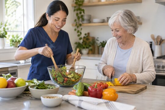 Home care worker preparing a healthy meal with an older adult