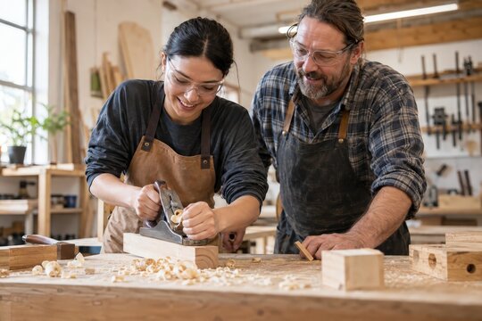 Woodworking apprentice learning to use a hand plane