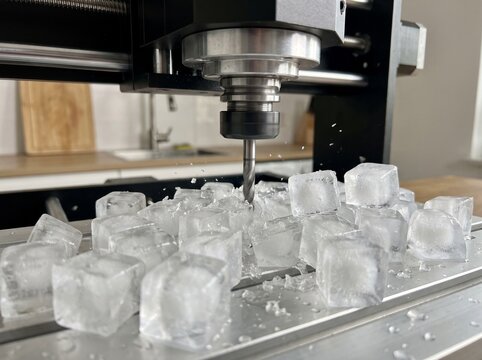 Compact desktop CNC machine actively carving a clear block of ice on a stainless steel work table.