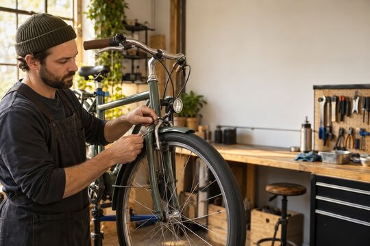 Bicycle mechanic adjusting brakes in a repair workshop