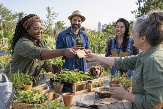 Neighbors exchanging seeds and seedlings in a community garden