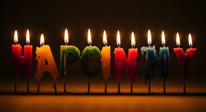 A festive display of colorful burning candles shaped as letters spelling out a vibrant happy birthday message against a dark background for a celebratory occasion