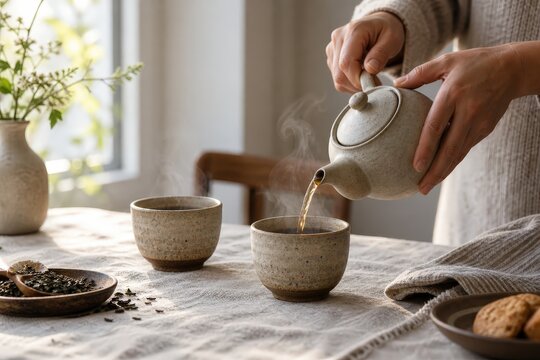 Hands pouring loose leaf tea into handmade ceramic cups
