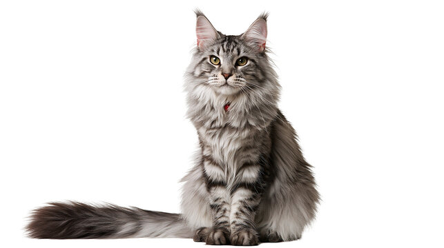 Fluffy silver tabby Maine Coon cat sitting with long tail and red collar