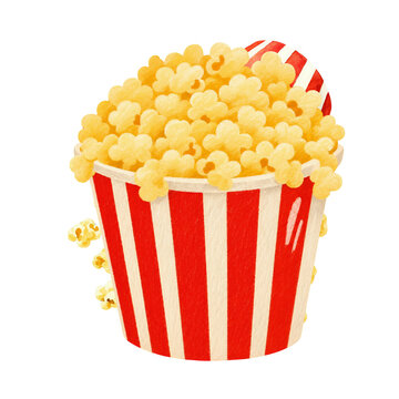 Red and white striped popcorn bucket overflowing with kernels on transparent background snack treat container