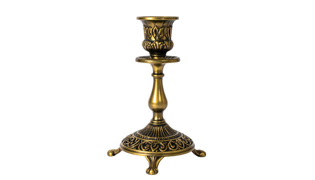 Ornate antique gold candlestick holder with details on a dark background