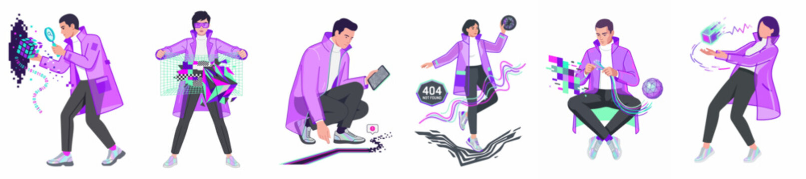 Set of flat vector illustrations featuring people interacting with abstract digital glitches, technology, virtual reality, and 404 error concepts.