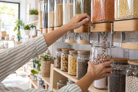 Customer filling a reusable jar at a bulk food shop