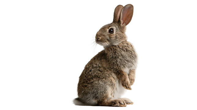 Brown fluffy cottontail rabbit standing upright looking to the side