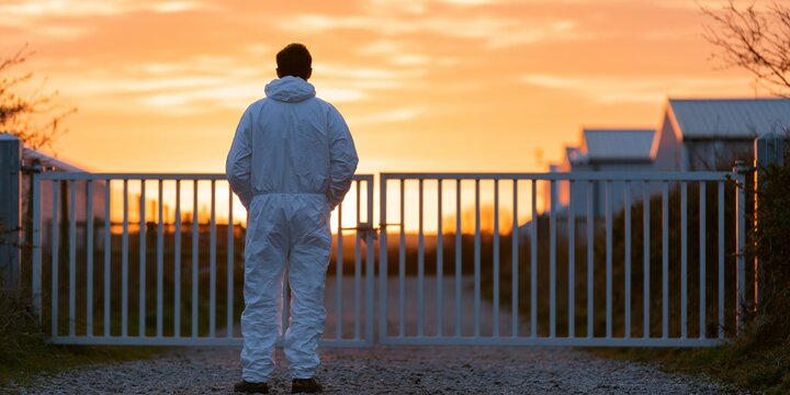 Person in protective suit at sunset gate