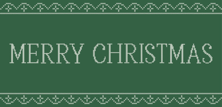 Merry Christmas cross stitch embroidery horizontal banner. Vintage pixelated needlework greeting card green background with festive geometric border. Folk ornament header vector illustration.