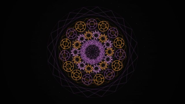 Glowing mandala art forms in warm orange and purple create a seamless loop pattern