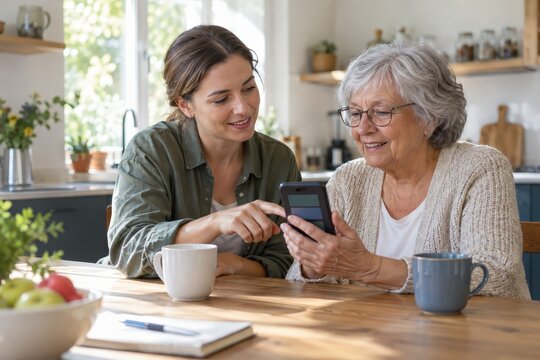 Younger adult helping an older woman use a smartphone