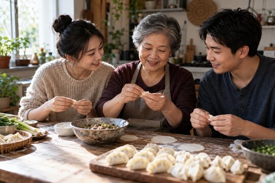 Three generations making dumplings together at home