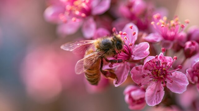 Honey bee collecting nectar from pink flower
