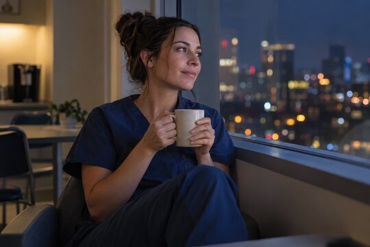 Night shift nurse taking a quiet break by a window