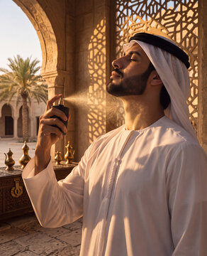Arab man in traditional white clothing spraying perfume in an ornate Middle Eastern courtyard, with warm sunlight, palm trees and Arabian decorative architecture.
