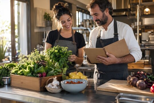 Restaurant owners planning with fresh ingredients