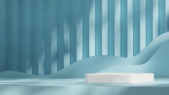 patterned blue color wall in 3d video rendering of blank mockup white block podium seamless loop shadow animation