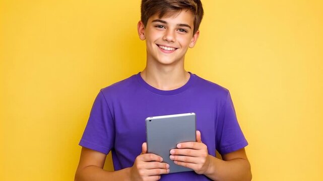 Smiling teenage boy holding a tablet against a yellow background