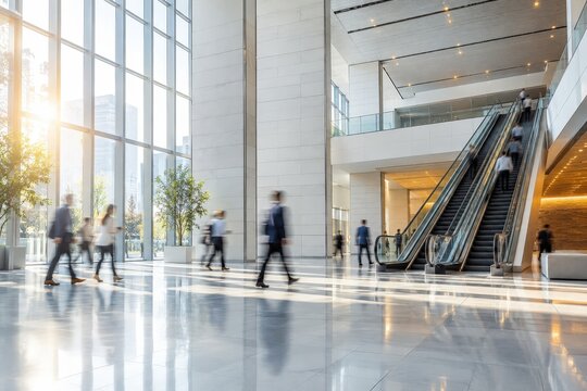 People crossing a sunlit atrium beside escalators