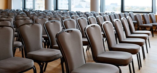 Fototapeta premium A bright, modern conference room featuring rows of chairs arranged for a corporate seminar in a professional setting.