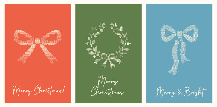 Merry Christmas cross stitch greeting cards collection. Vintage pixelated needlework colorful background set with handmade winter holiday bow, wreath pattern, merry and bright typography text vector.