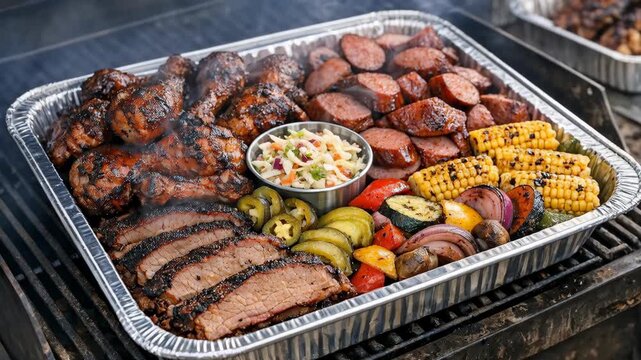 Assorted Grilled Ribs, Sausages and Corn on a Large Serving Tray