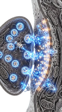 Detailed Microscopic 3D Render of Neural Synapse with Glowing Neurotransmitters and Nanobots
