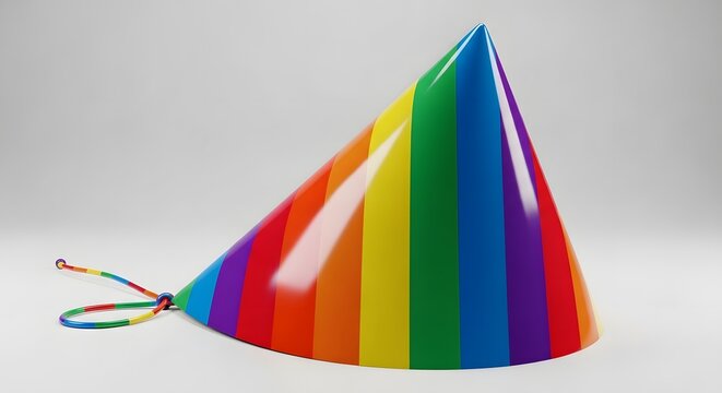 A vibrant rainbow colored paper party hat isolated on a white background perfect for celebrating a fun happy birthday event with friends and family members