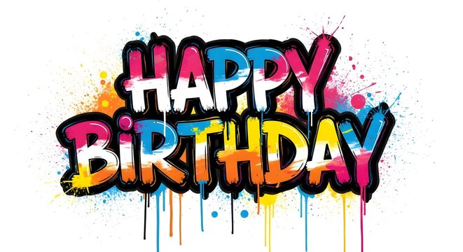A vibrant and artistic happy birthday text design featuring colorful graffiti style lettering with paint drips isolated on a clean white background for festive greeting